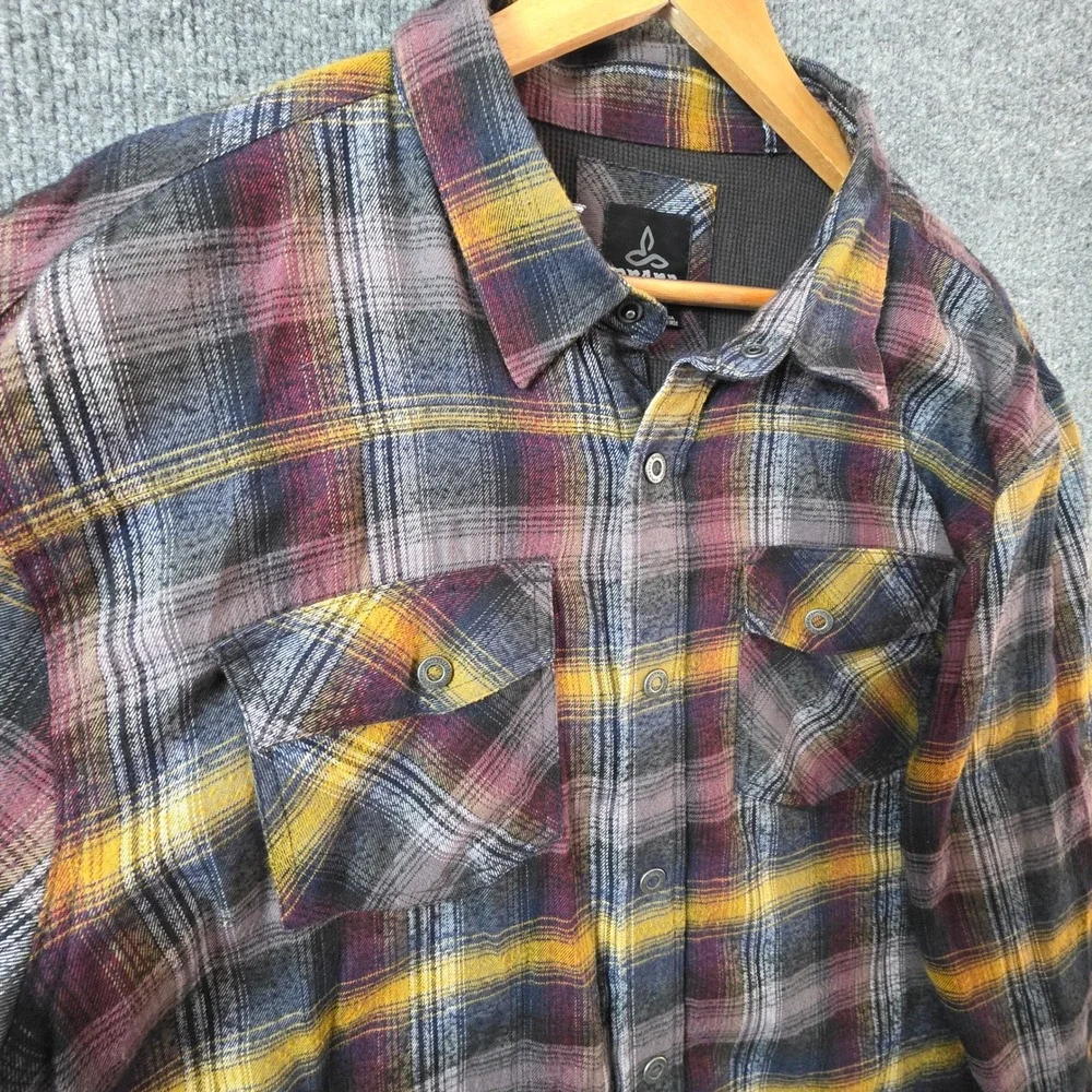 Prana Mens XL Plaid Flannel Shirt Jacket Thermal Lined Snap Front Purple Yellow
